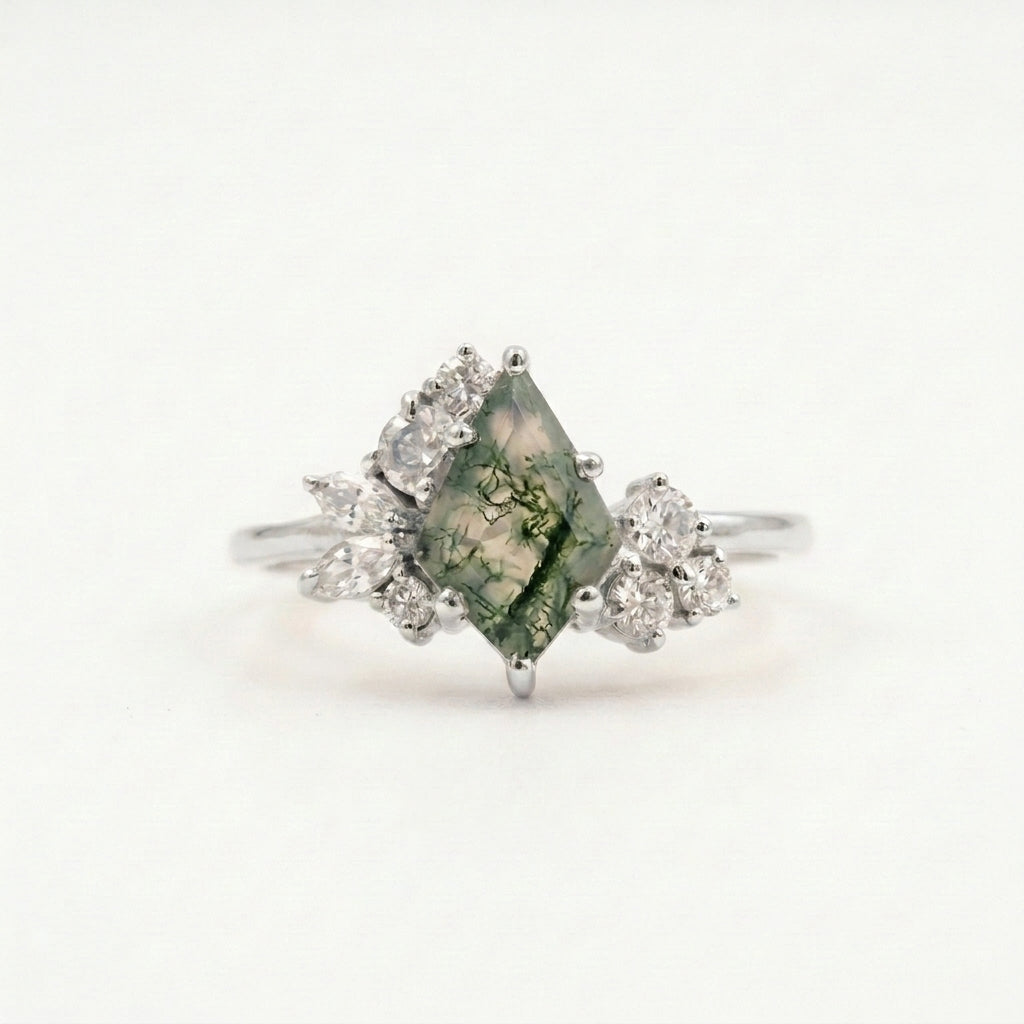 Kite Cut Moss Agate Cluster Diamond Silver Engagement Ring 