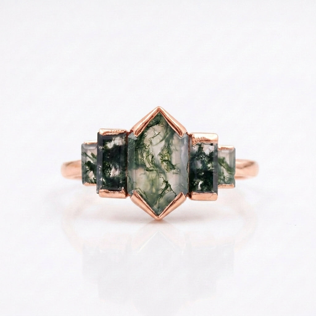 Bezel Set Moss Agate Hexagon Engagement Rose Gold Ring