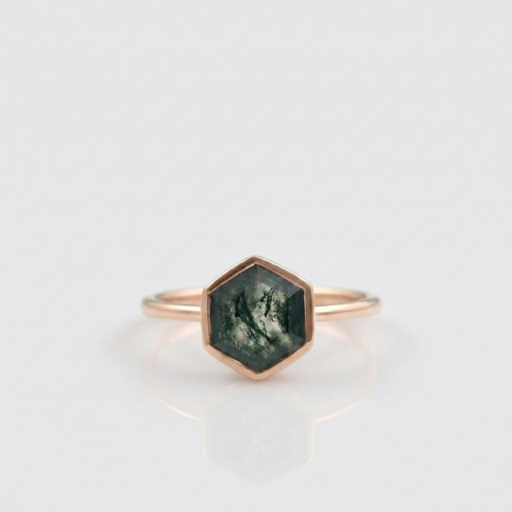 Hexagon Cut Moss Agate Bezel Set Rose Gold Engagement Ring