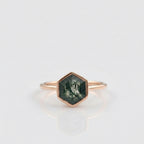 Hexagon Cut Moss Agate Bezel Set Rose Gold Engagement Ring