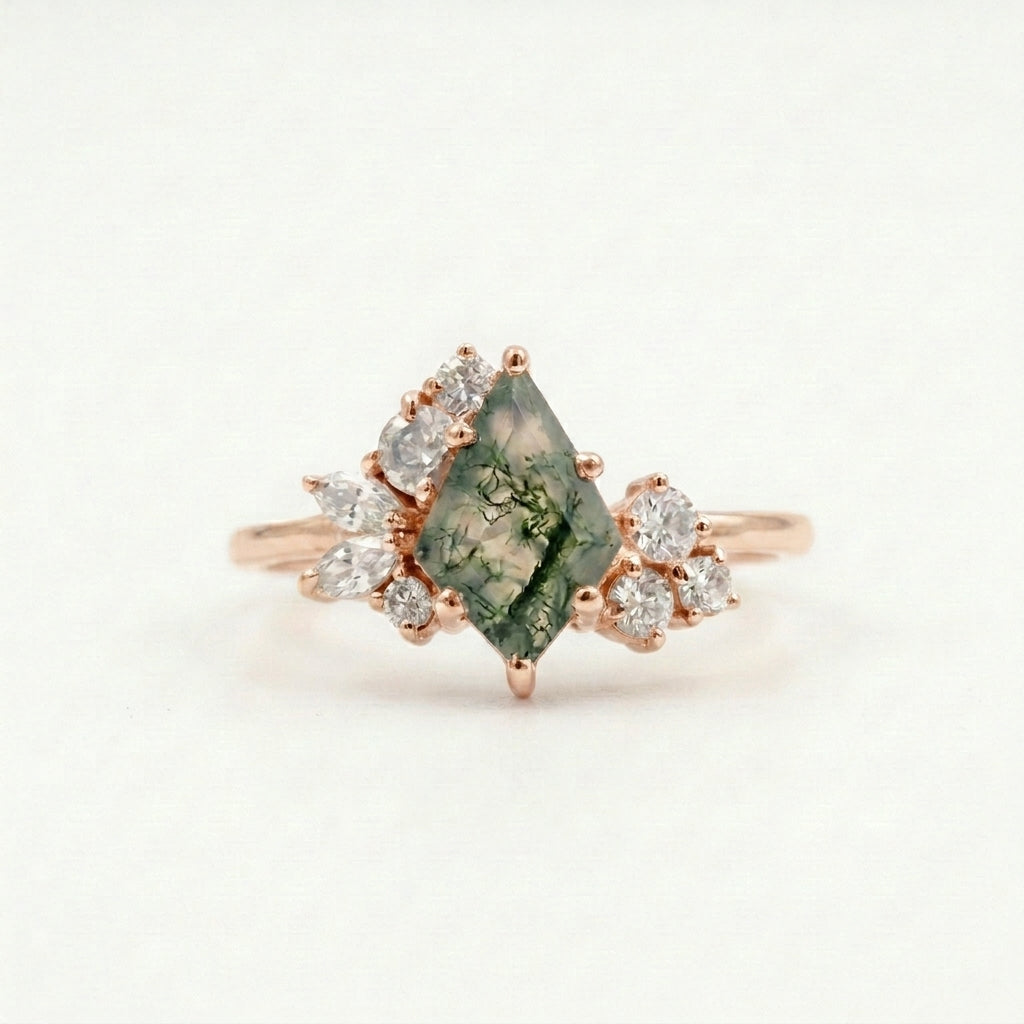 Kite Cut Moss Agate Cluster Diamond  Rose Gold Engagement Ring