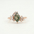 Kite Cut Moss Agate Cluster Diamond  Rose Gold Engagement Ring