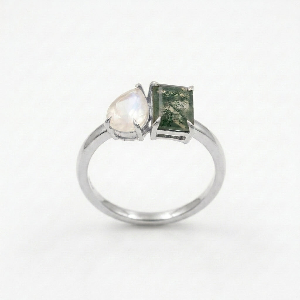 Double Stone Moss Agate And Moonstone Toi Et Moi SIlver Engagement Ring