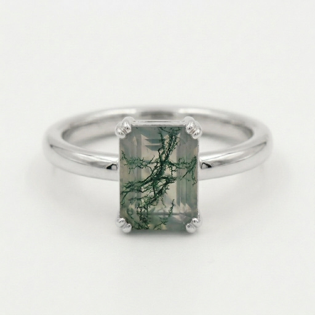 Emerald Cut Moss Agate Solitaire Silver Ring