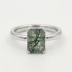 Emerald Cut Moss Agate Solitaire Silver Ring