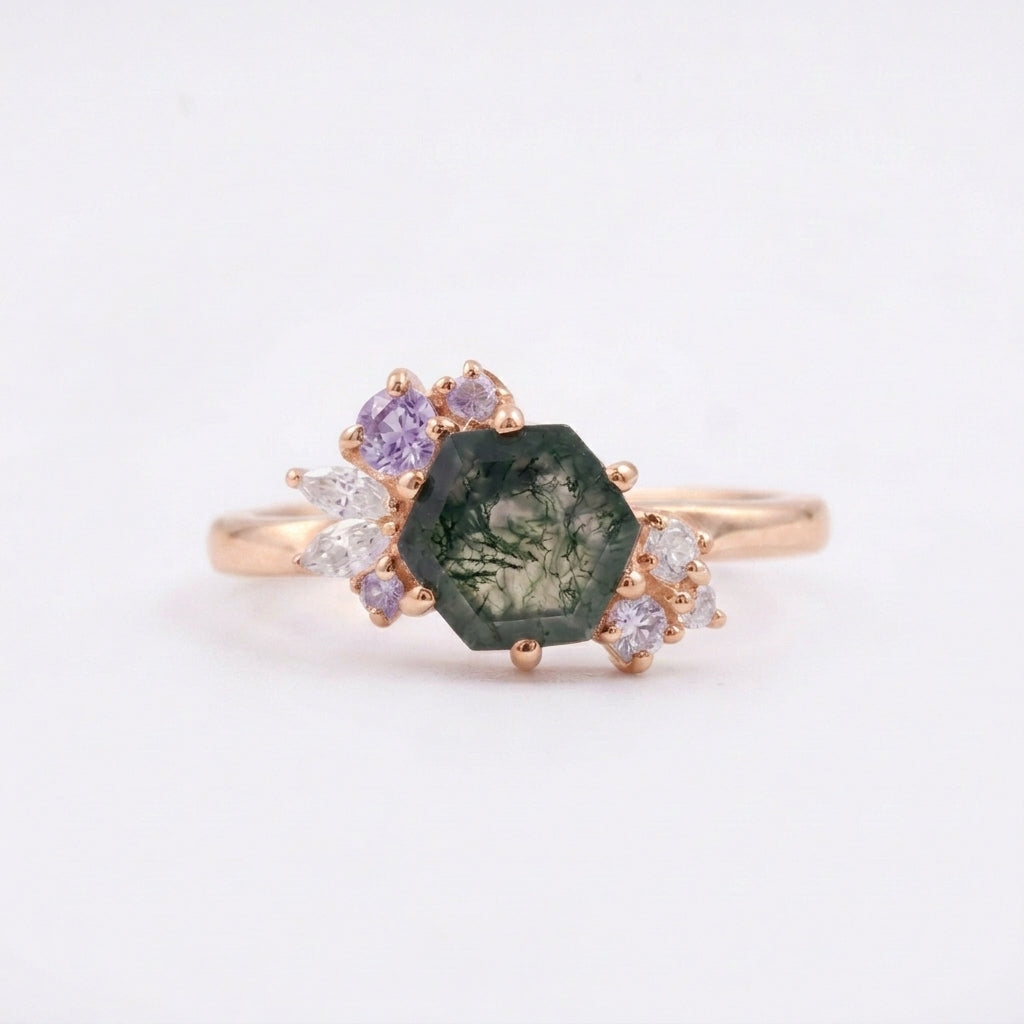 Hexagon Cut Moss Agate Cluster Art Deco Rose Gold Ring