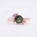 Hexagon Cut Moss Agate Cluster Art Deco Rose Gold Ring