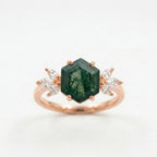 Hexagon Cut Moss Agate Marquise CZ Cluster Engagement Rose Gold Ring