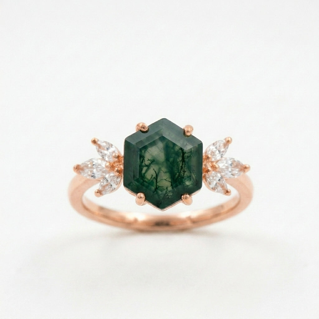 Hexagon Cut Moss Agate Marquise CZ Cluster Engagement Rose Gold Ring