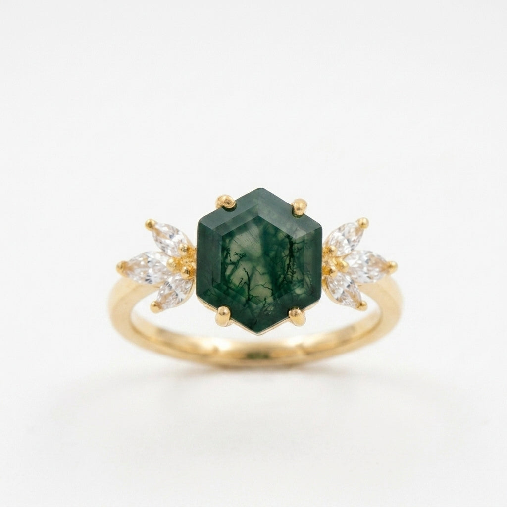 Hexagon Cut Moss Agate Marquise CZ Cluster Engagement Gold Ring