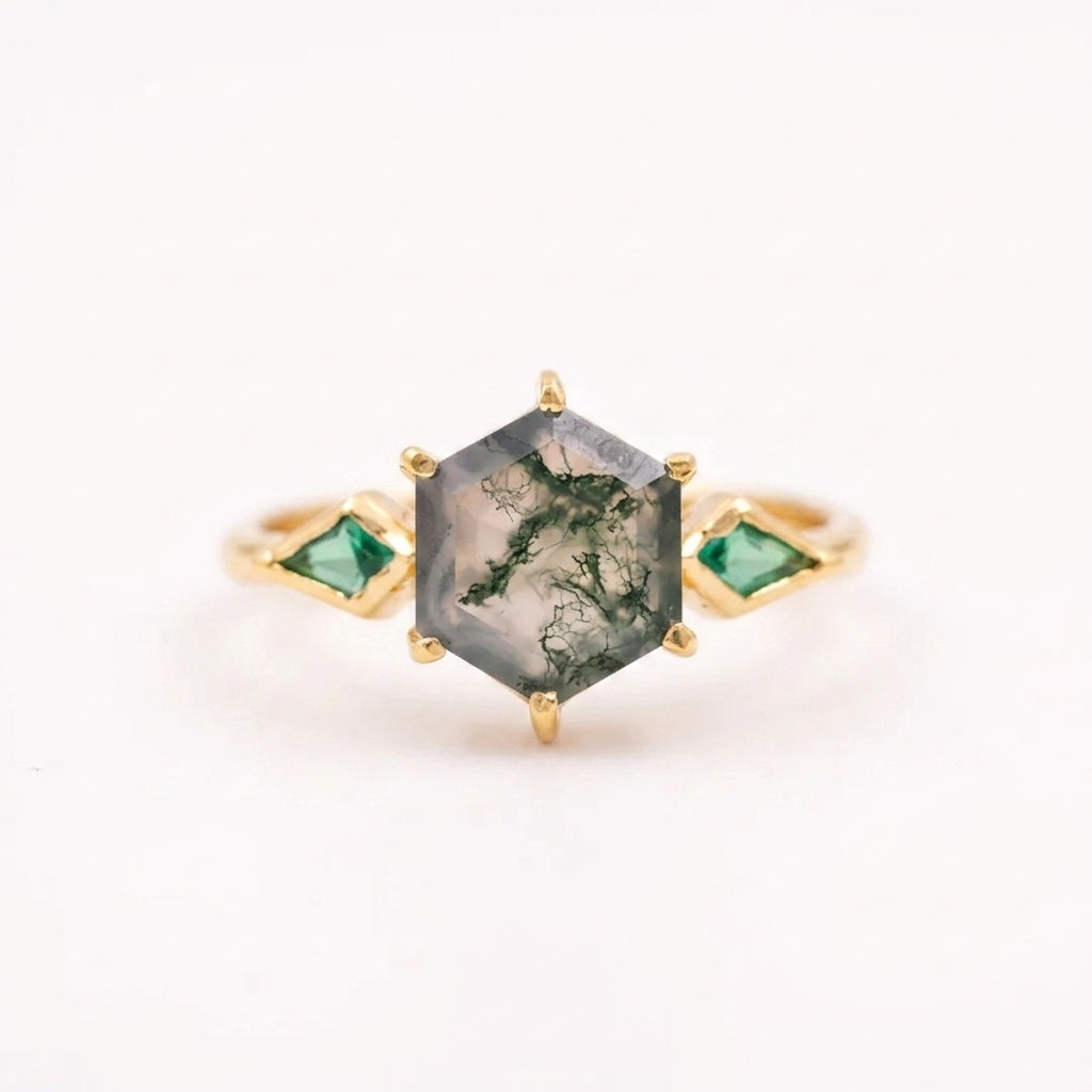 Kite Emerald Moss Agate Hexagon Gold Engagement Ring
