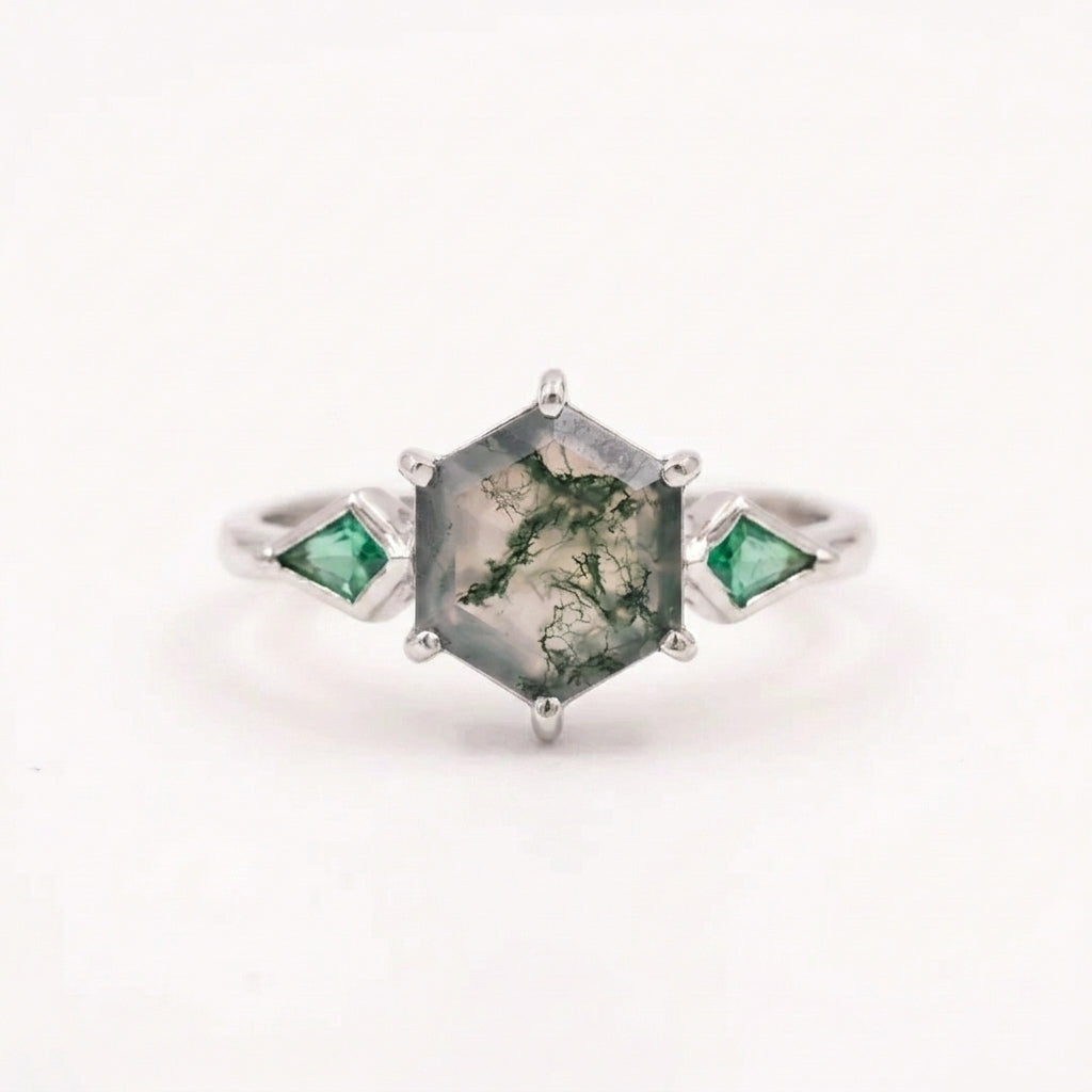 Kite Emerald Moss Agate Hexagon Engagement Silver Ring