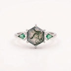Kite Emerald Moss Agate Hexagon Engagement Silver Ring