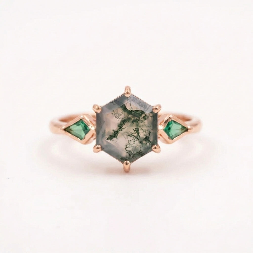 Kite Emerald Moss Agate Hexagon Engagement Rose Gold Ring