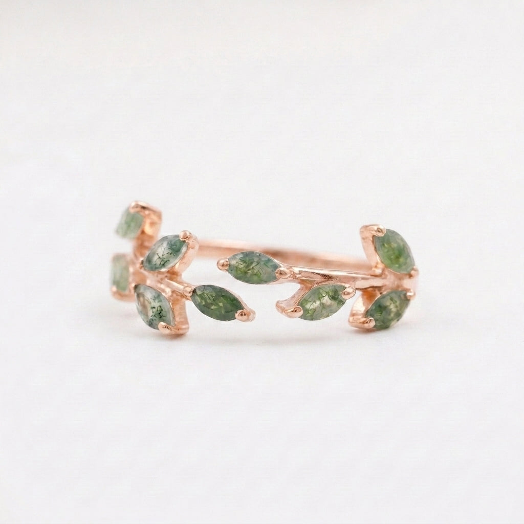 Leaf Moss Agate Rose Gold Wedding Band For Women