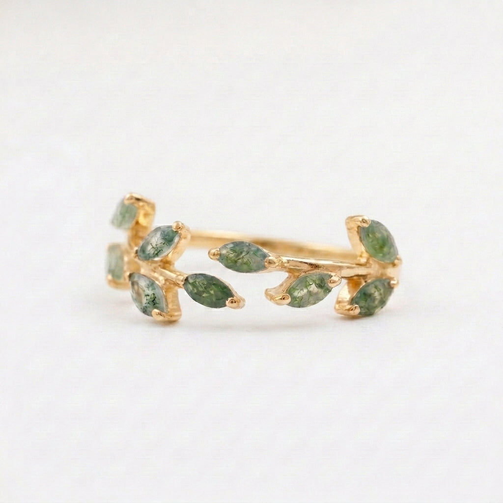 Leaf Moss Agate Gold Wedding Band For Women 