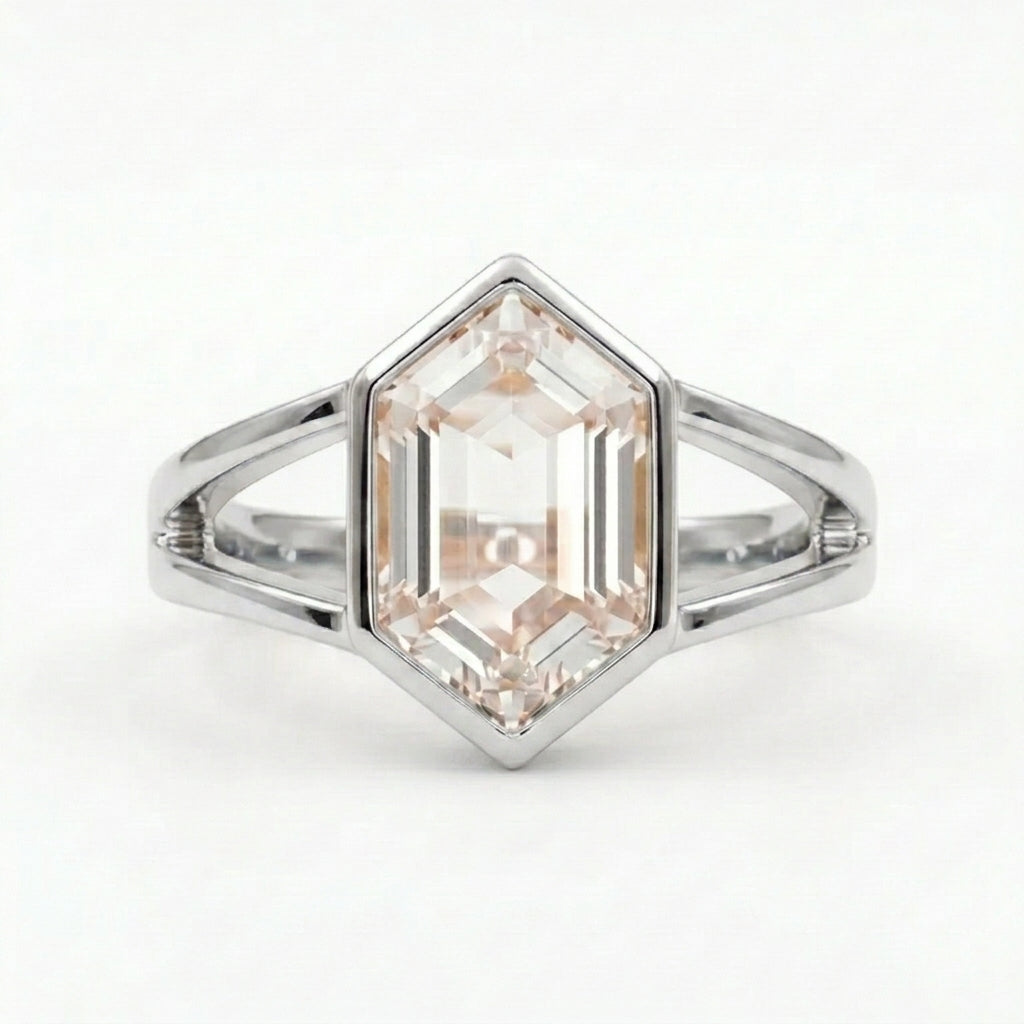 Hexagon Moissanite Bezel Set Engagement Ring Sliver