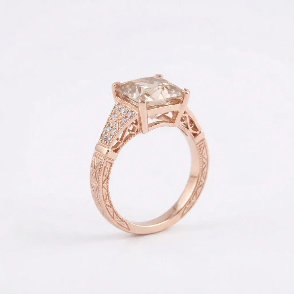 Asscher Cut Peach Moissanite Diamond Rose Gold Ring