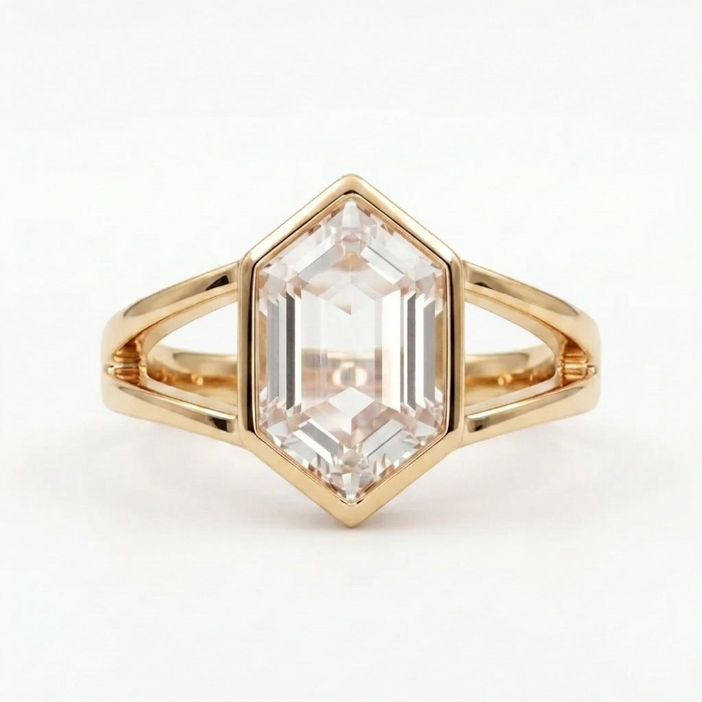 Hexagon Moissanite Bezel Set Engagement Ring Gold
