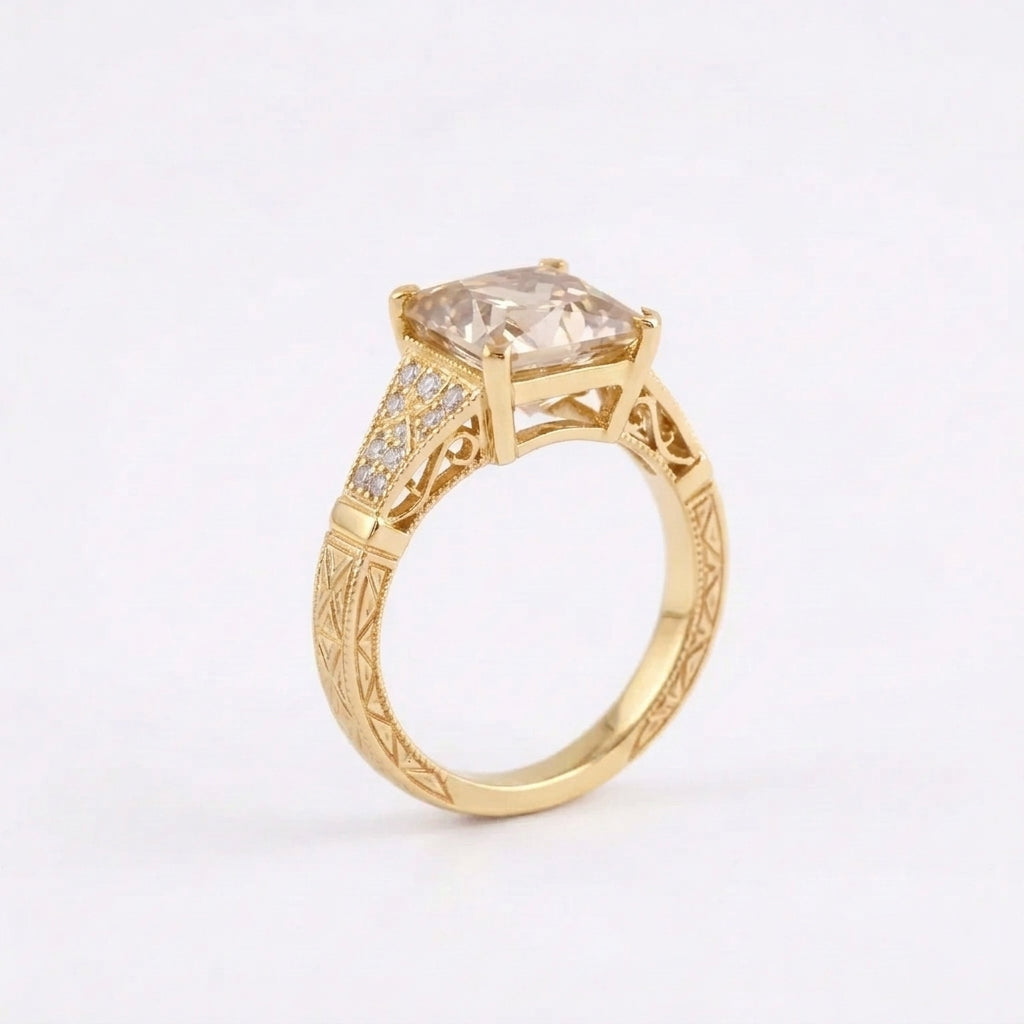 Asscher Cut Peach Moissanite Diamond Gold Ring