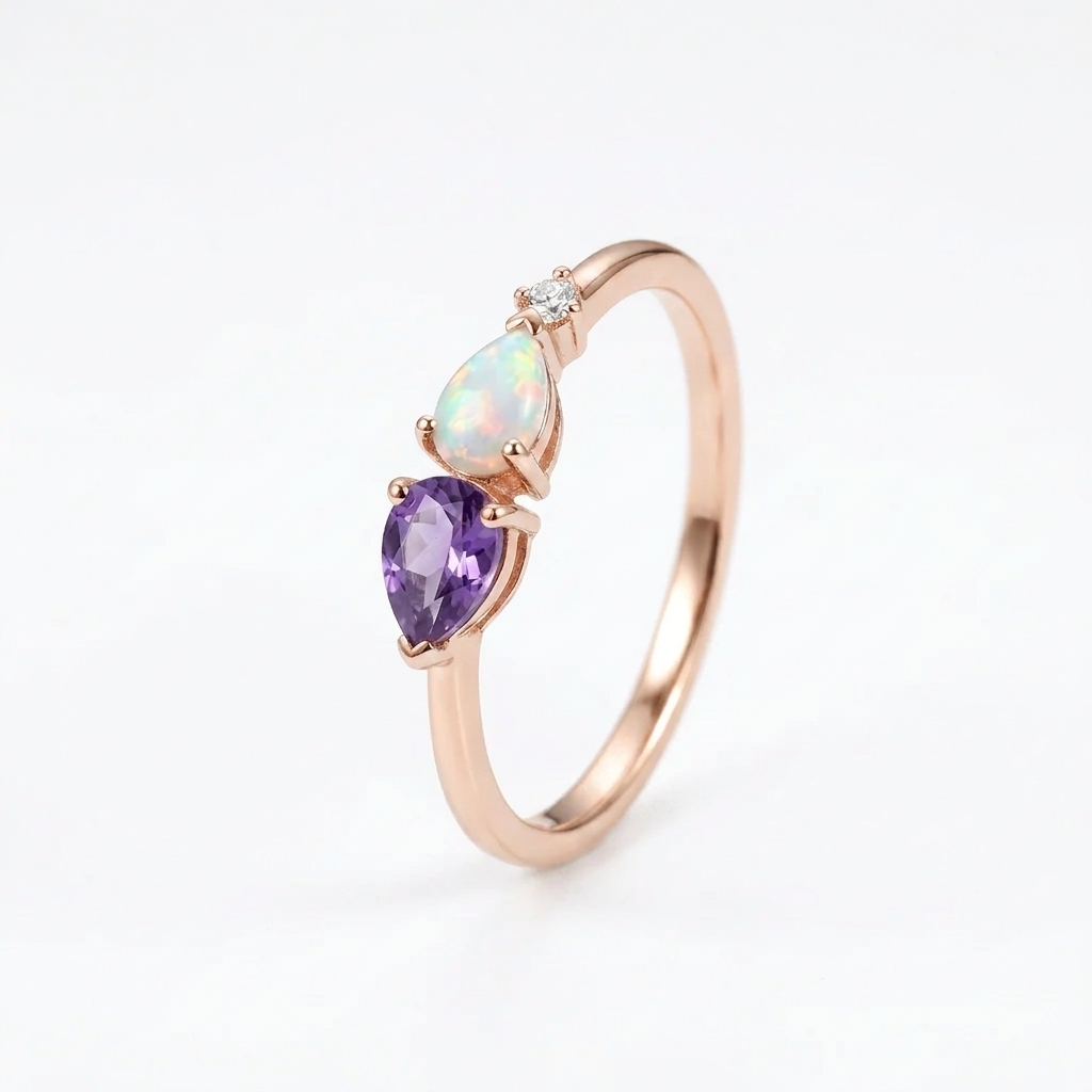 Pear Cut Alexandrite Art Deco Moissanite 3 Stone Wedding Rose Gold Band