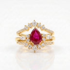 Pear Ruby Cluster Ring with Moissanite Enhancer Gold wedding band