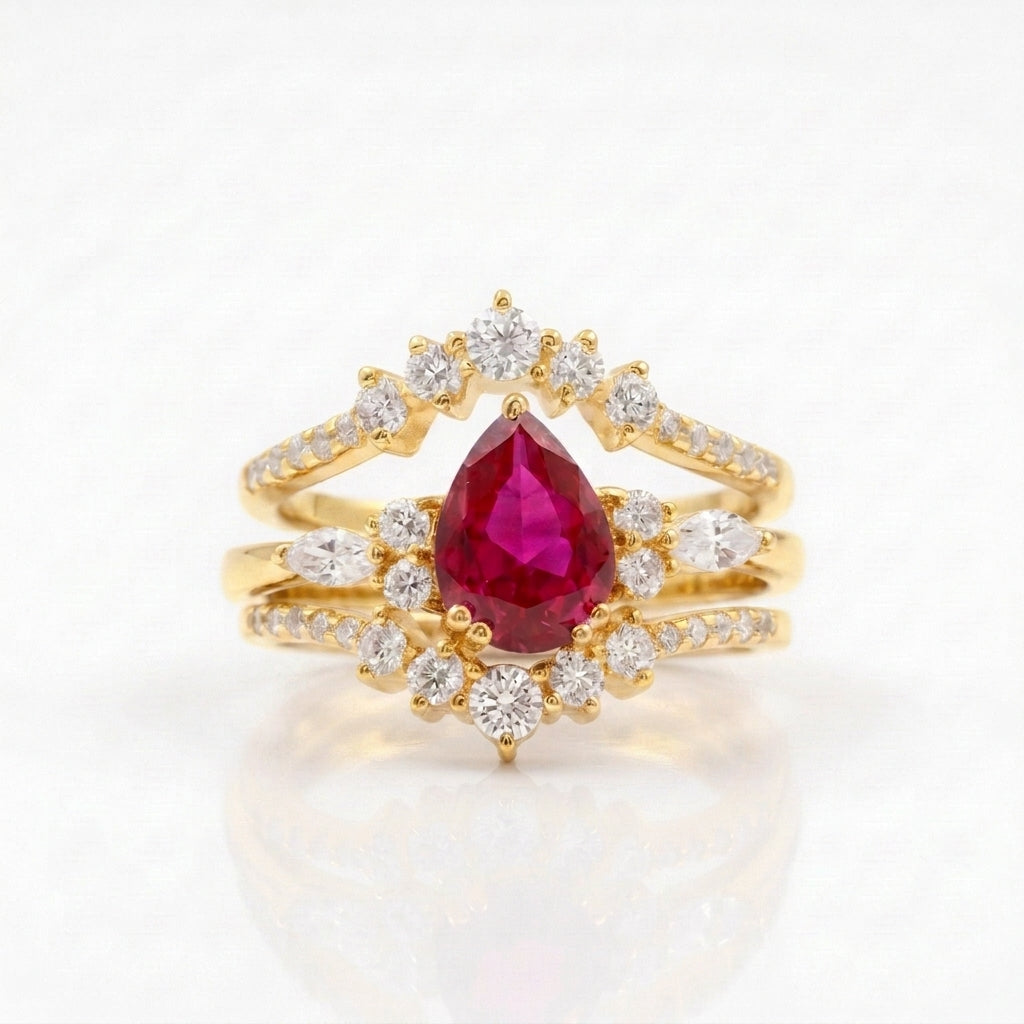 Pear Ruby Cluster Ring with Moissanite Enhancer Gold wedding band