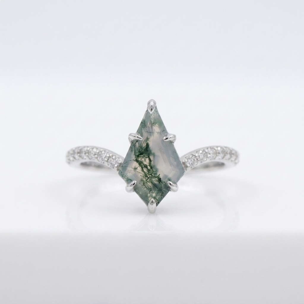 Kite Moss Agate Halo Diamond SIlver Engagement Ring