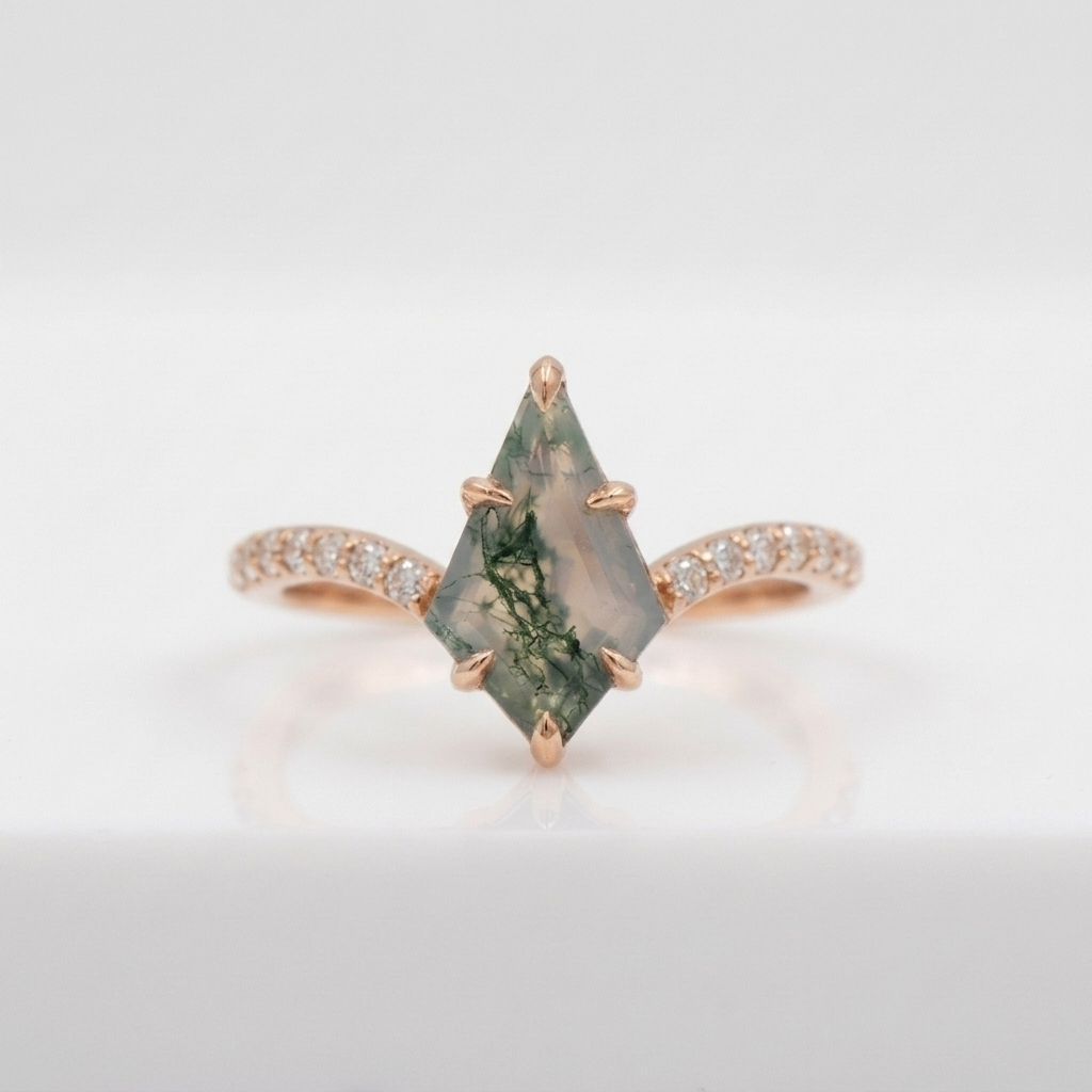 Kite Moss Agate Halo Diamond Rose Gold Engagement Ring