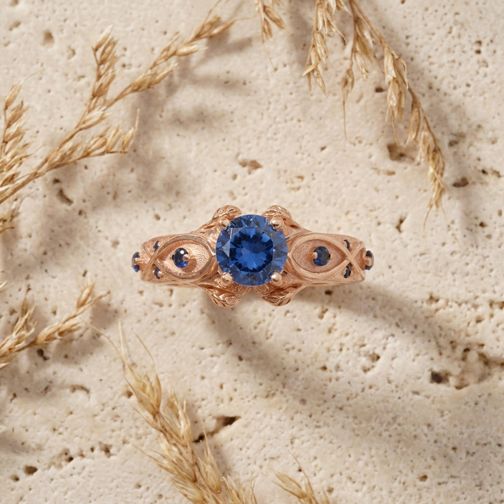 Zora Sapphire Spiritual Stone Engagement Ring Video Game Nerdy Geeky Ring Standing on table