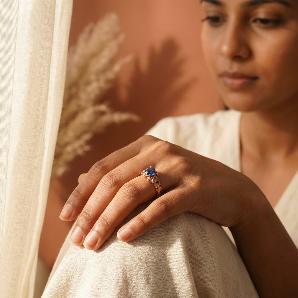 Zora Sapphire Spiritual Stone Engagement Ring Video Game Nerdy Geeky Ring WIth Model