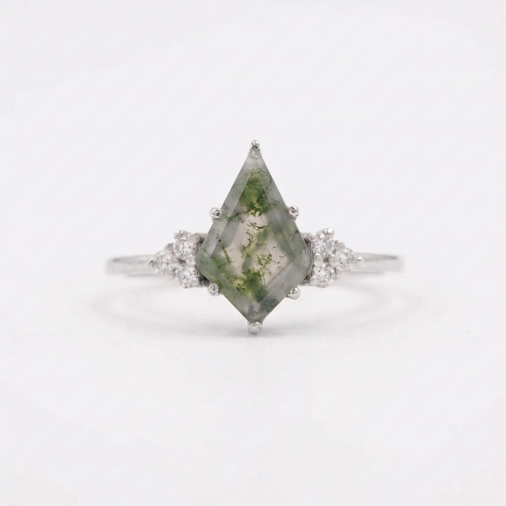 Kite Shaped Moss Agate White Gold Engagement Ring
