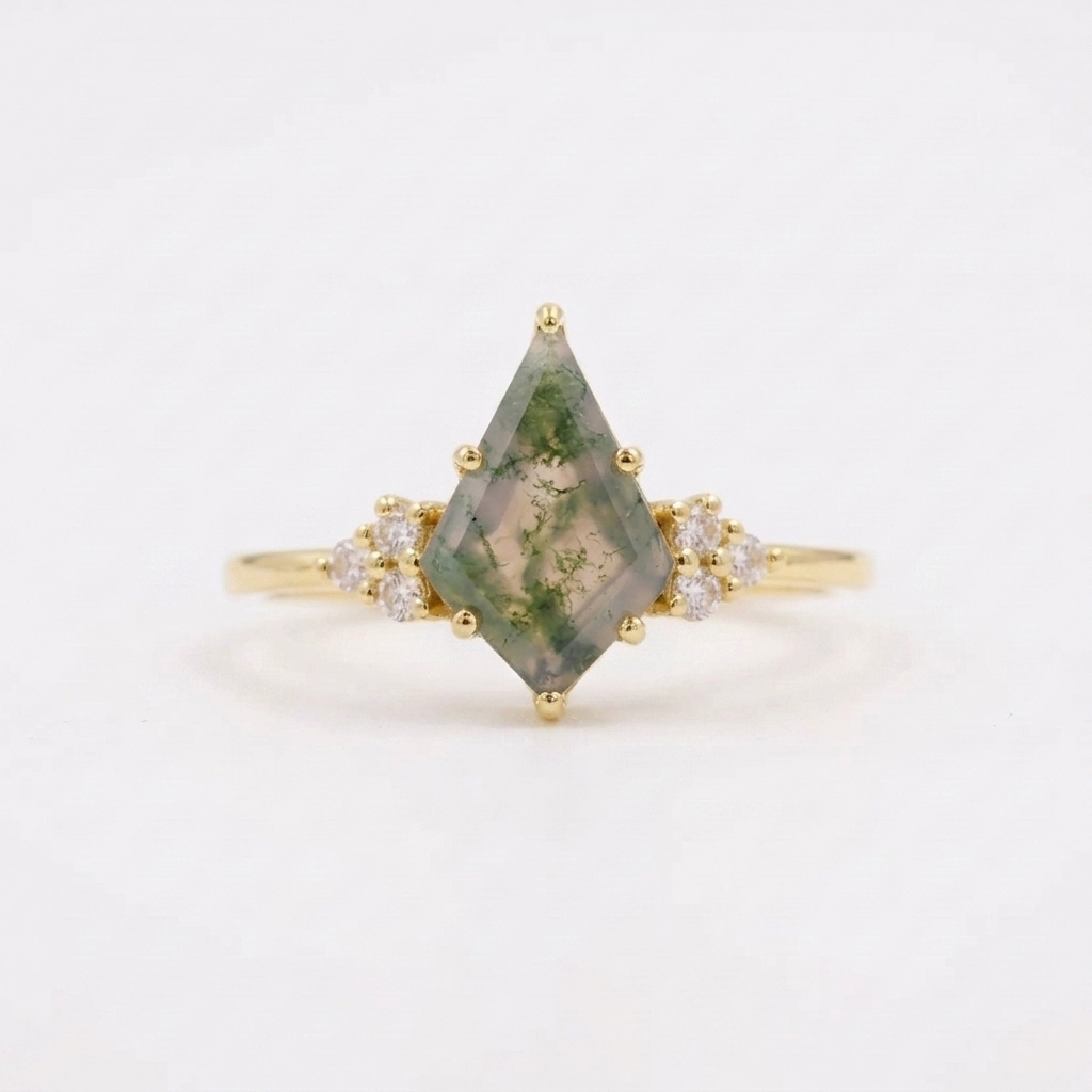Kite Shaped Moss Agate Gold Engagement Ring 