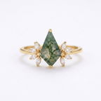 Kite Shaped Moss Agate Marquise Diamond Gold Engagement Ring