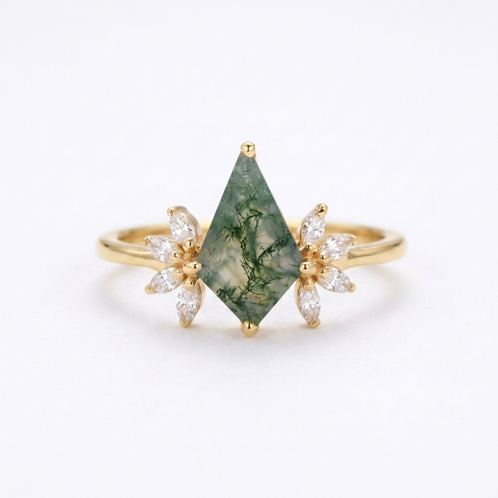 Kite Shaped Moss Agate Marquise Diamond Gold Engagement Ring