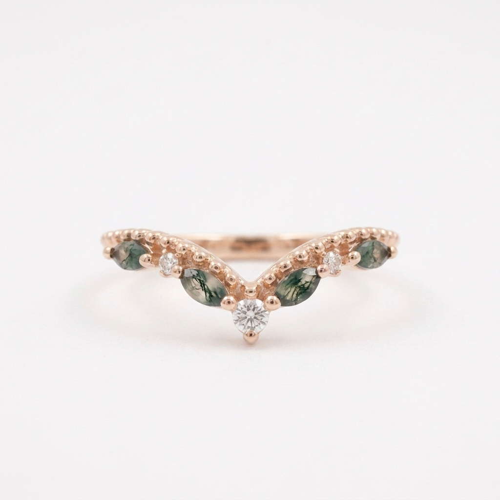 Marquise Moss Agate Wedding Band Rose Gold Ring