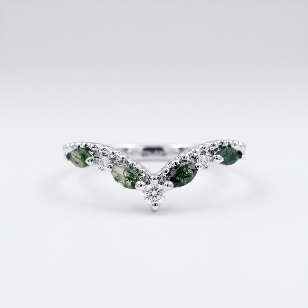 Marquise Moss Agate Wedding Band White Gold Ring