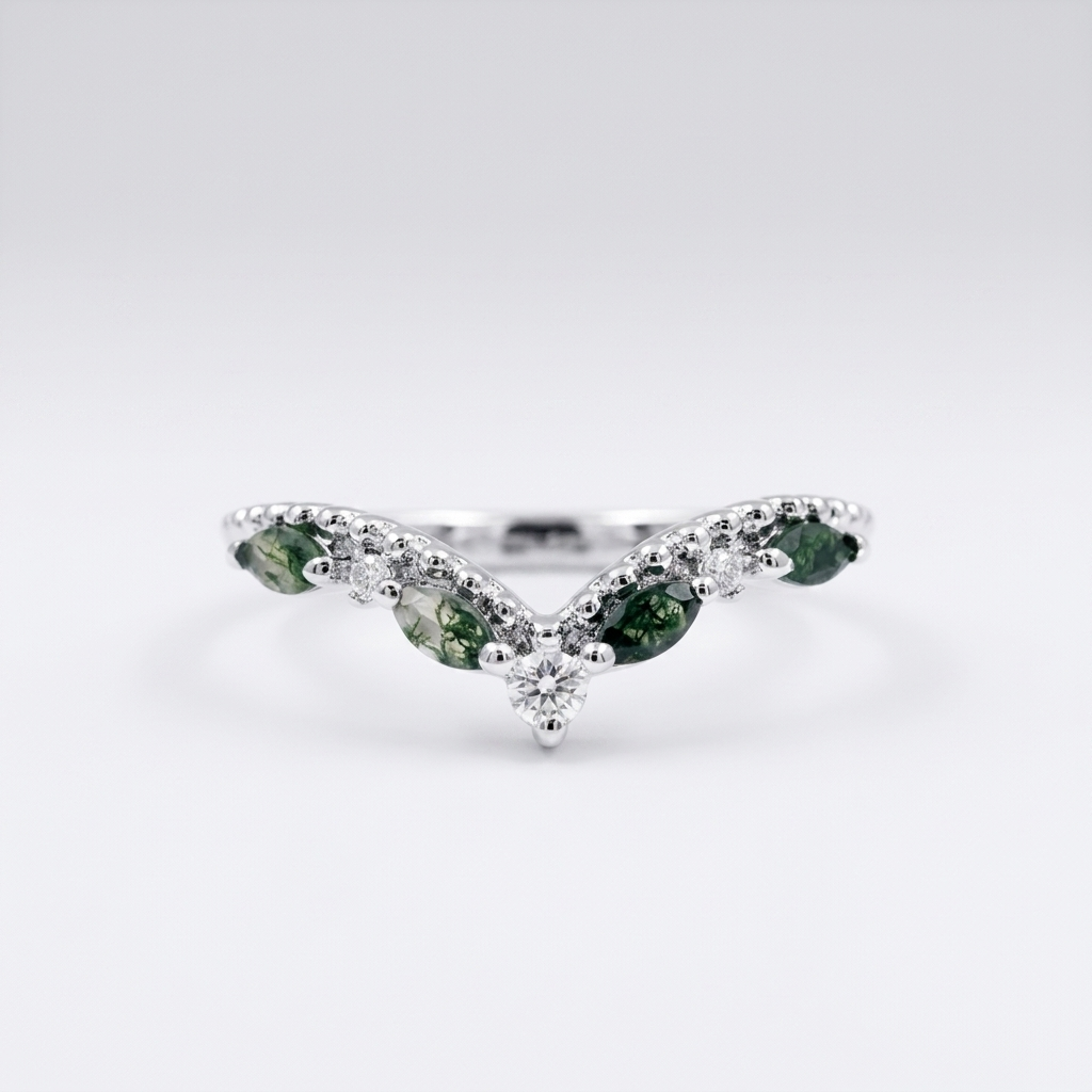 Marquise Moss Agate Wedding Band White Gold Ring