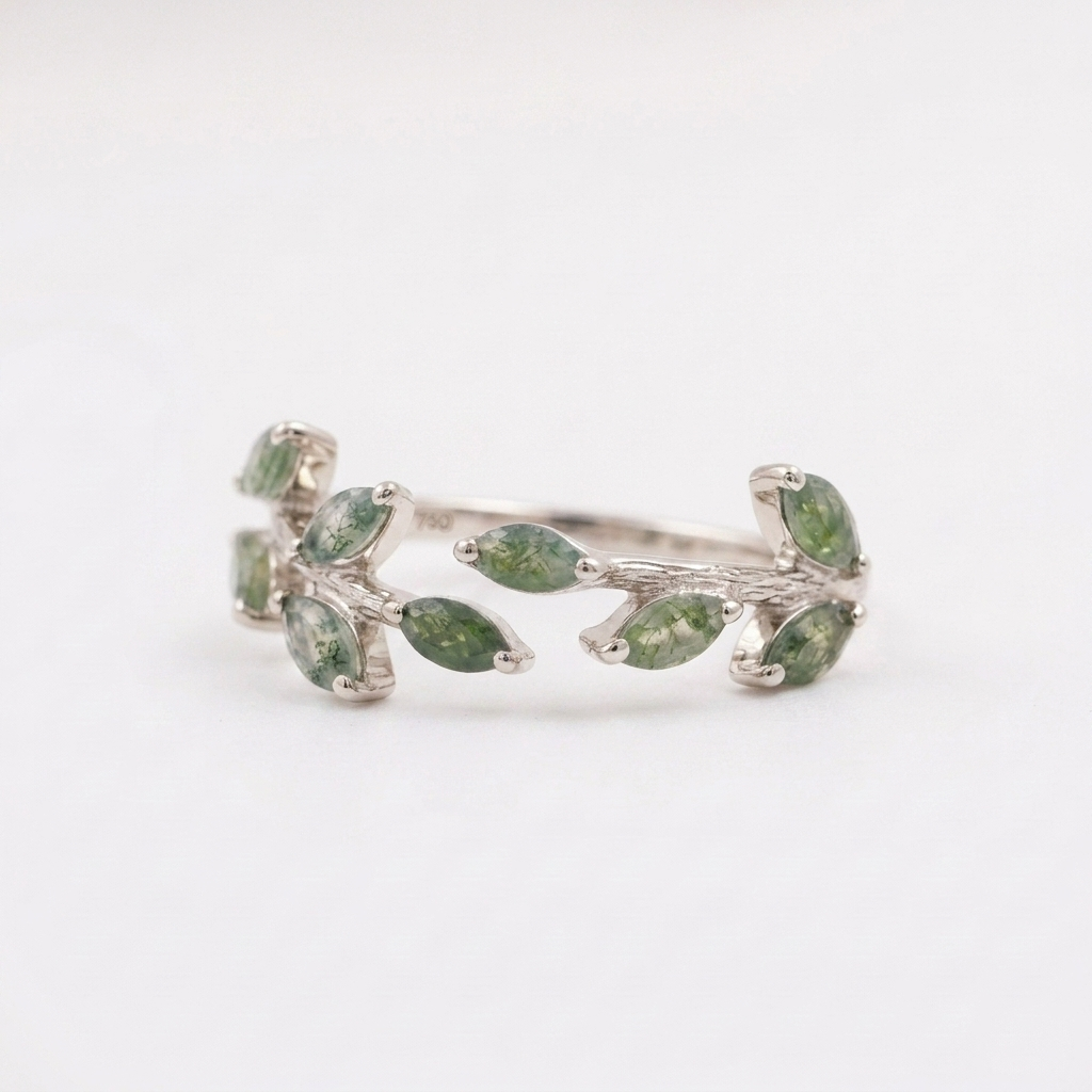 Leaf Moss Agate White Gold Wedding Band For Women