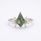 Kite Shaped Moss Agate Marquise Diamond White Gold Engagement Ring