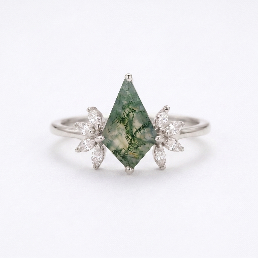 Kite Shaped Moss Agate Marquise Diamond White Gold Engagement Ring