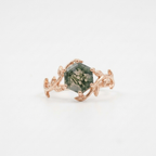 Moss Agate Leaf Hexagon Rose Gold Engagement Ring