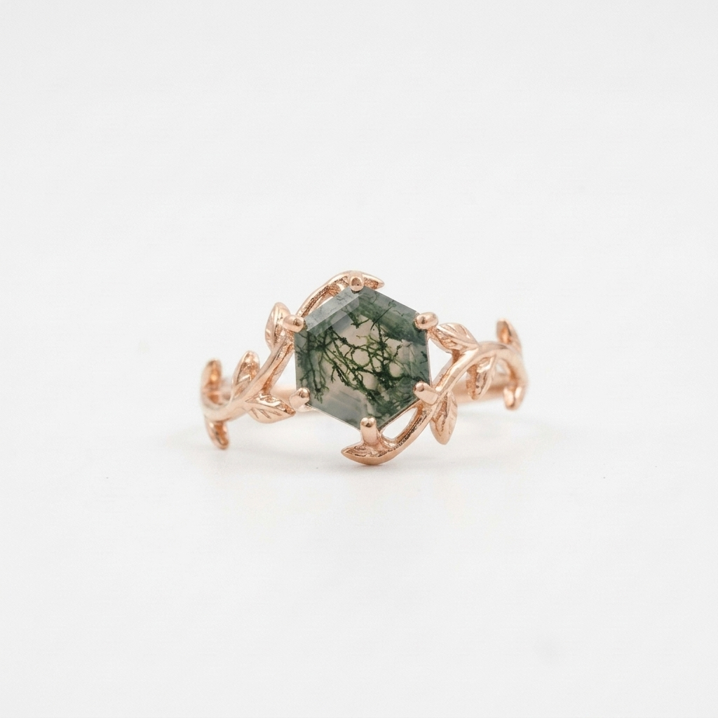 Moss Agate Leaf Hexagon Rose Gold Engagement Ring