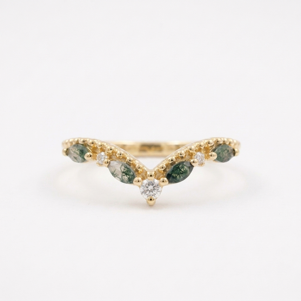 Marquise Moss Agate Wedding Band Gold Ring