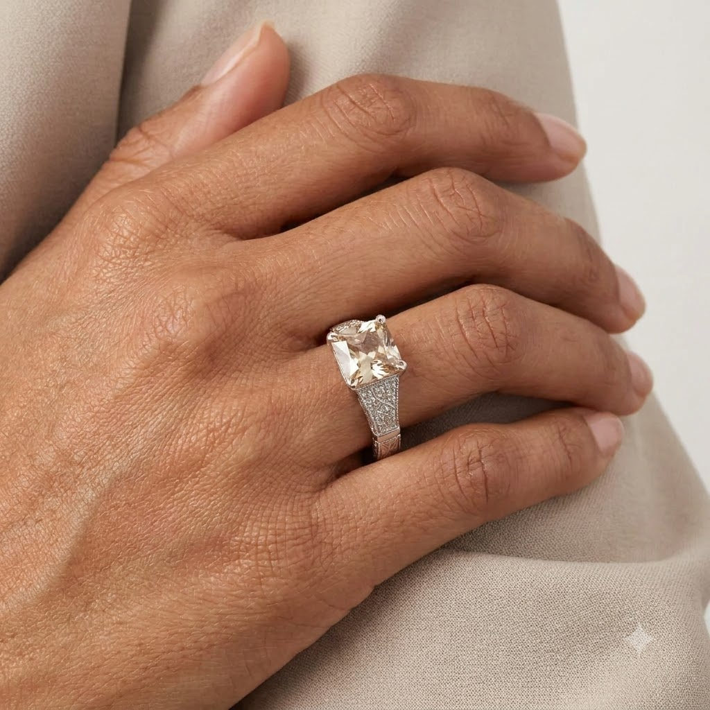 Asscher Cut Peach Moissanite Diamond Ring With Model Finger