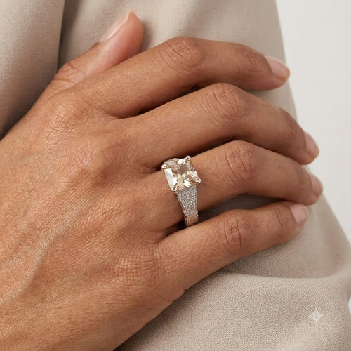 Asscher Cut Peach Moissanite Diamond Ring With Model Finger
