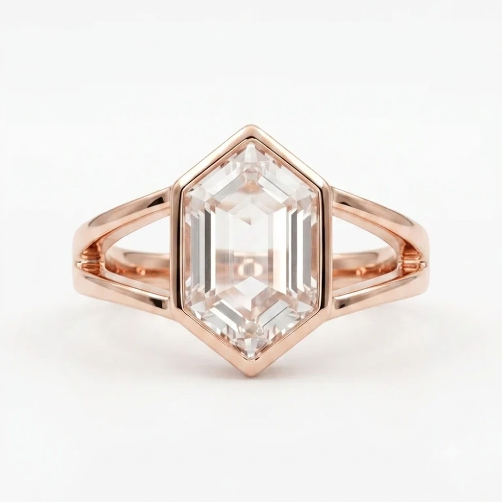 Hexagon Moissanite Bezel Set Engagement Ring Rose Gold
