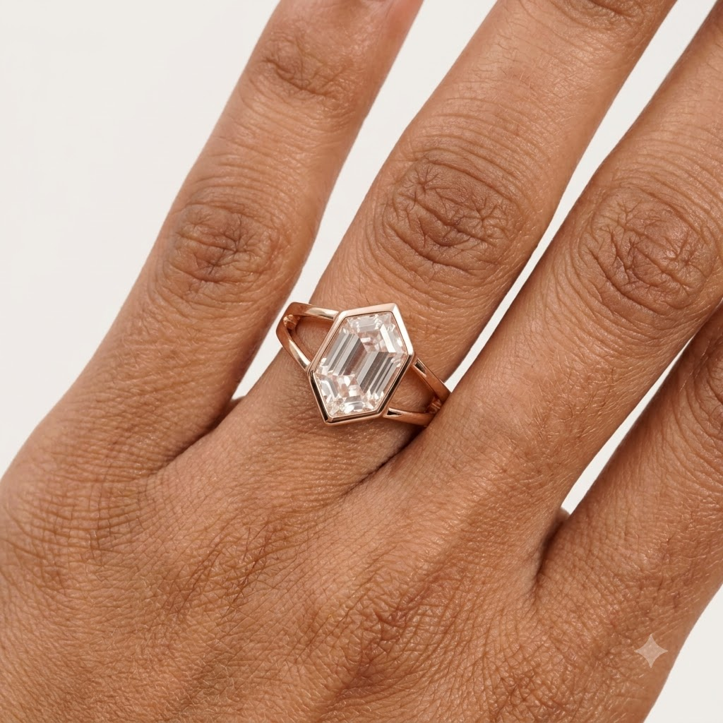 Hexagon Moissanite Bezel Set Engagement Ring Rose Gold With Model Finger