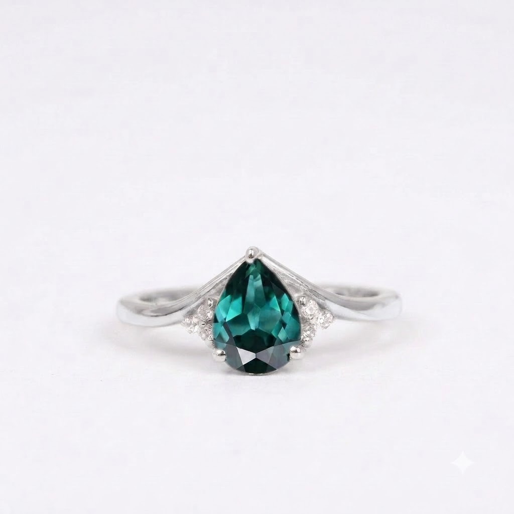 Green Emerald & Diamond Silver Engagement Ring