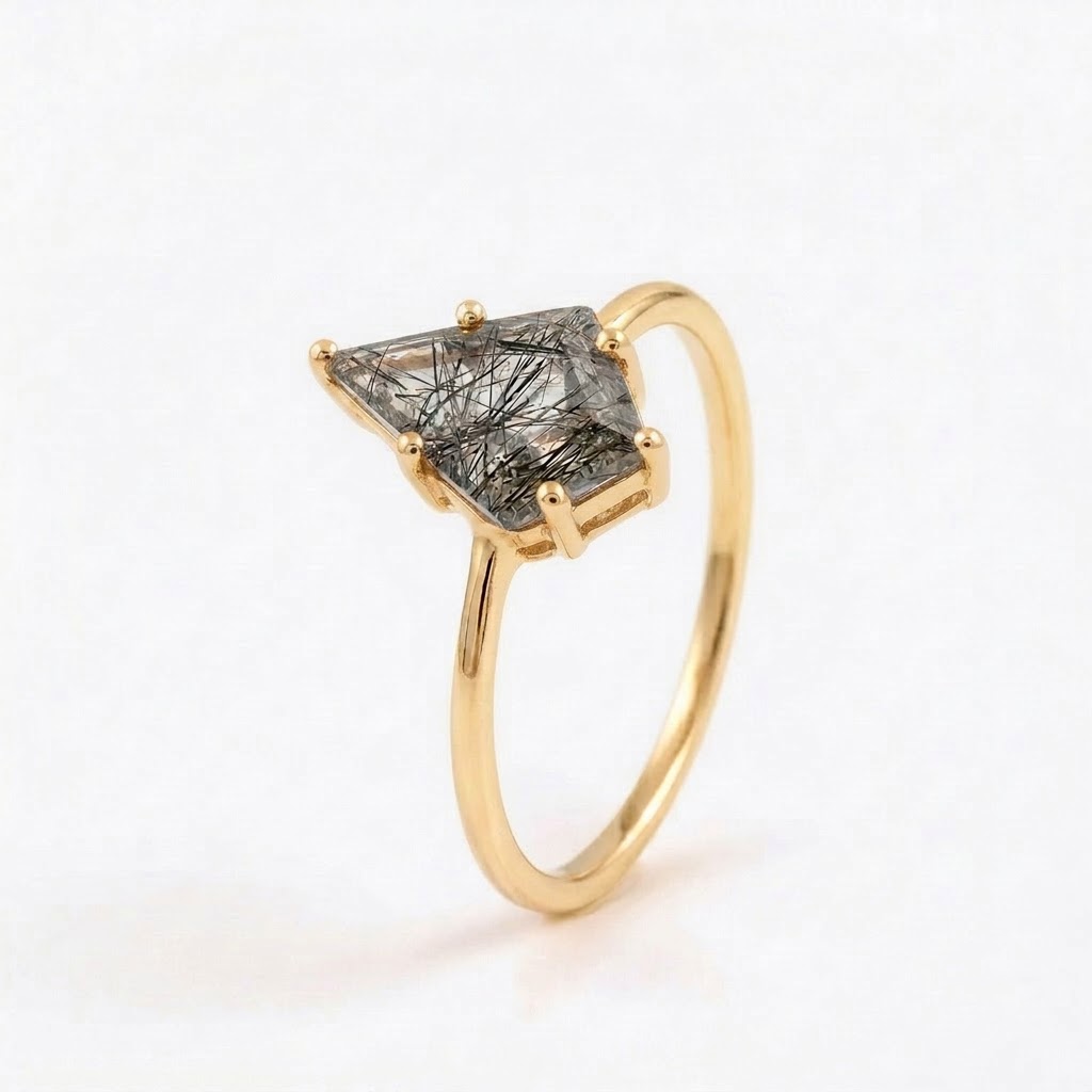 Kite Shaped Black Rutile Quartz Gold Ring